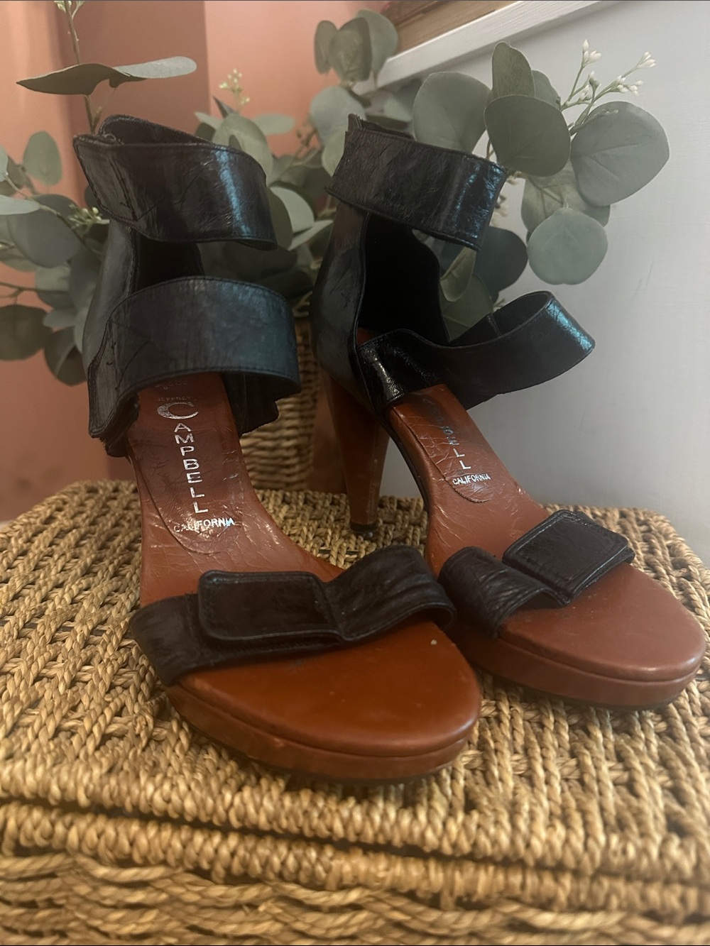 Jeffrey Campbell Ibiza Black Leather Strappy 3.5” Velcro High Heel 8 Sandals